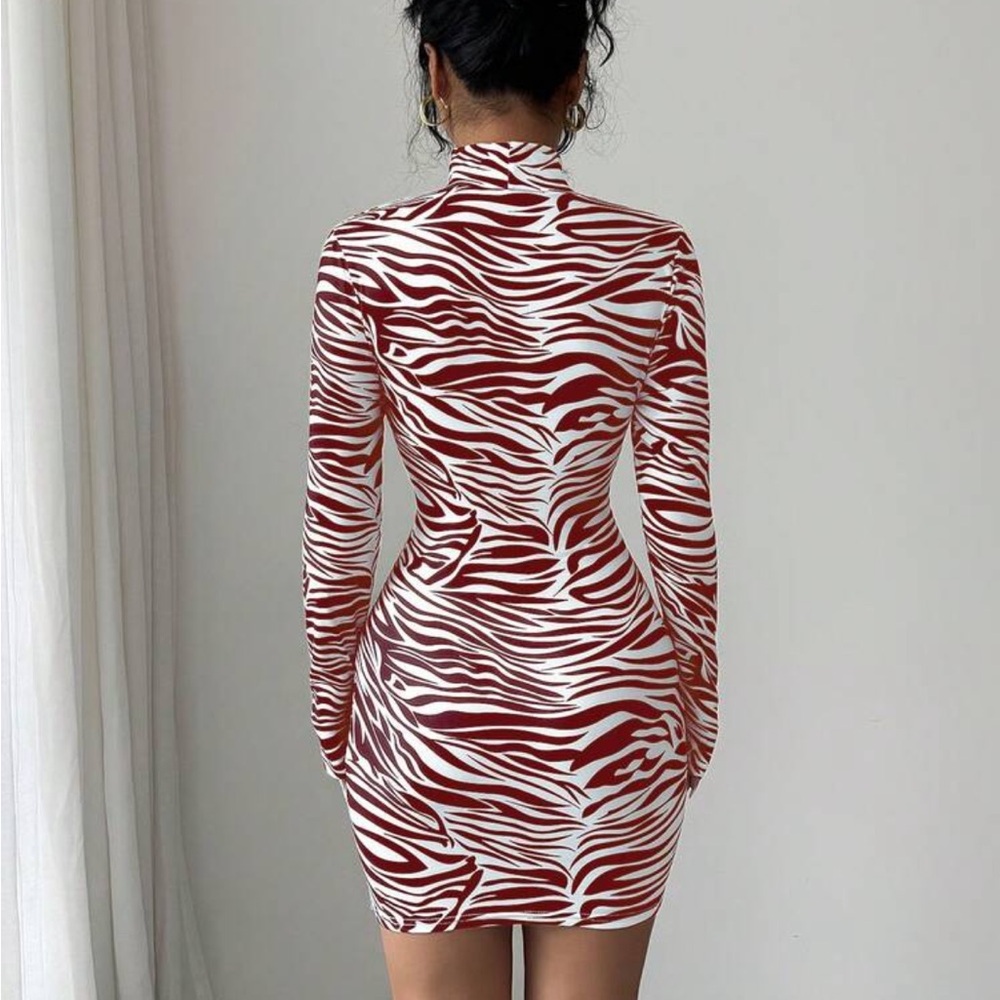 High Neck Long Sleeve Zebra Bodycon Dress in White & Burgundy - Picture 3 of 6